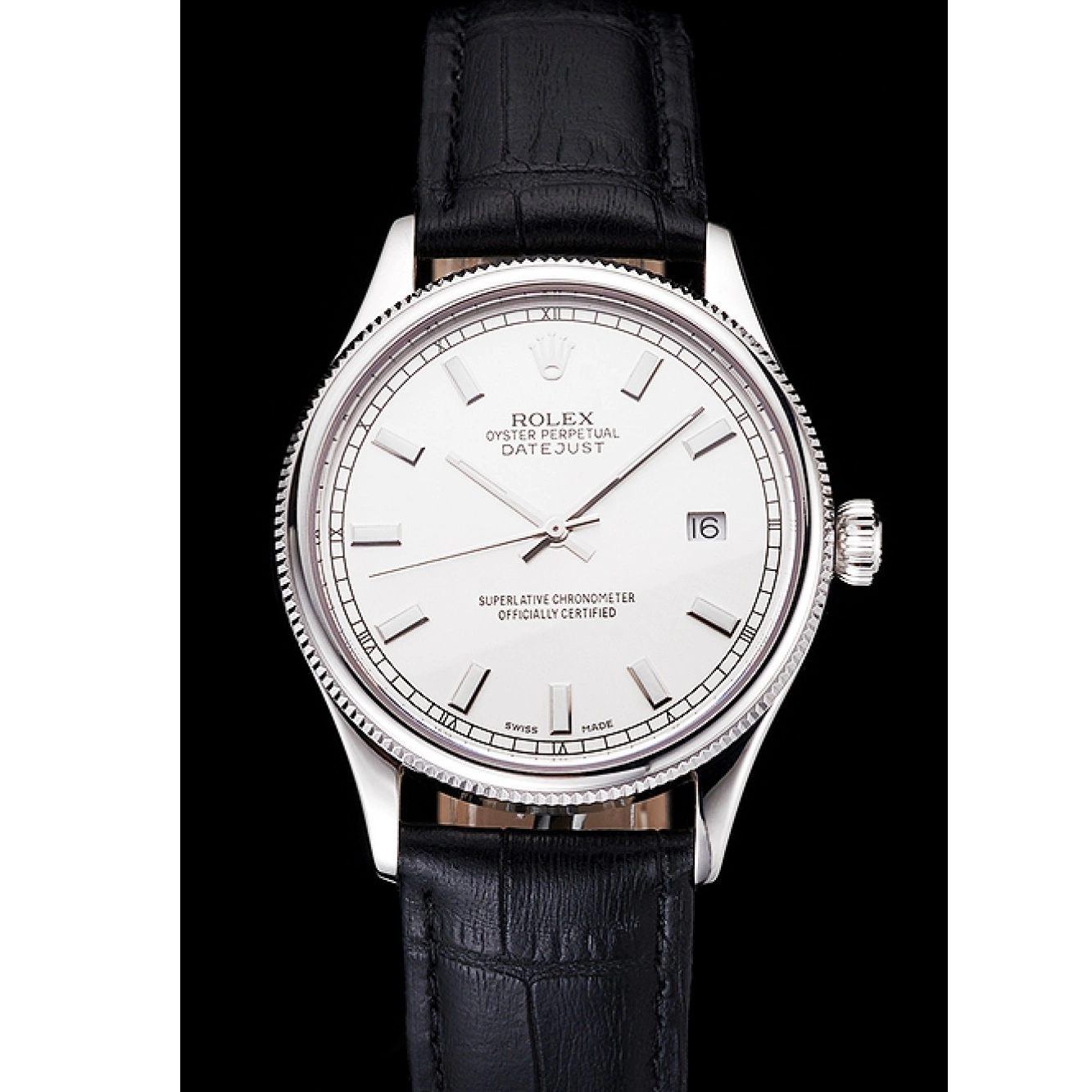 Aaa replica watch Rolex Steel Dial White Strap Stainless Leather Swiss Datejust Black Case 0803